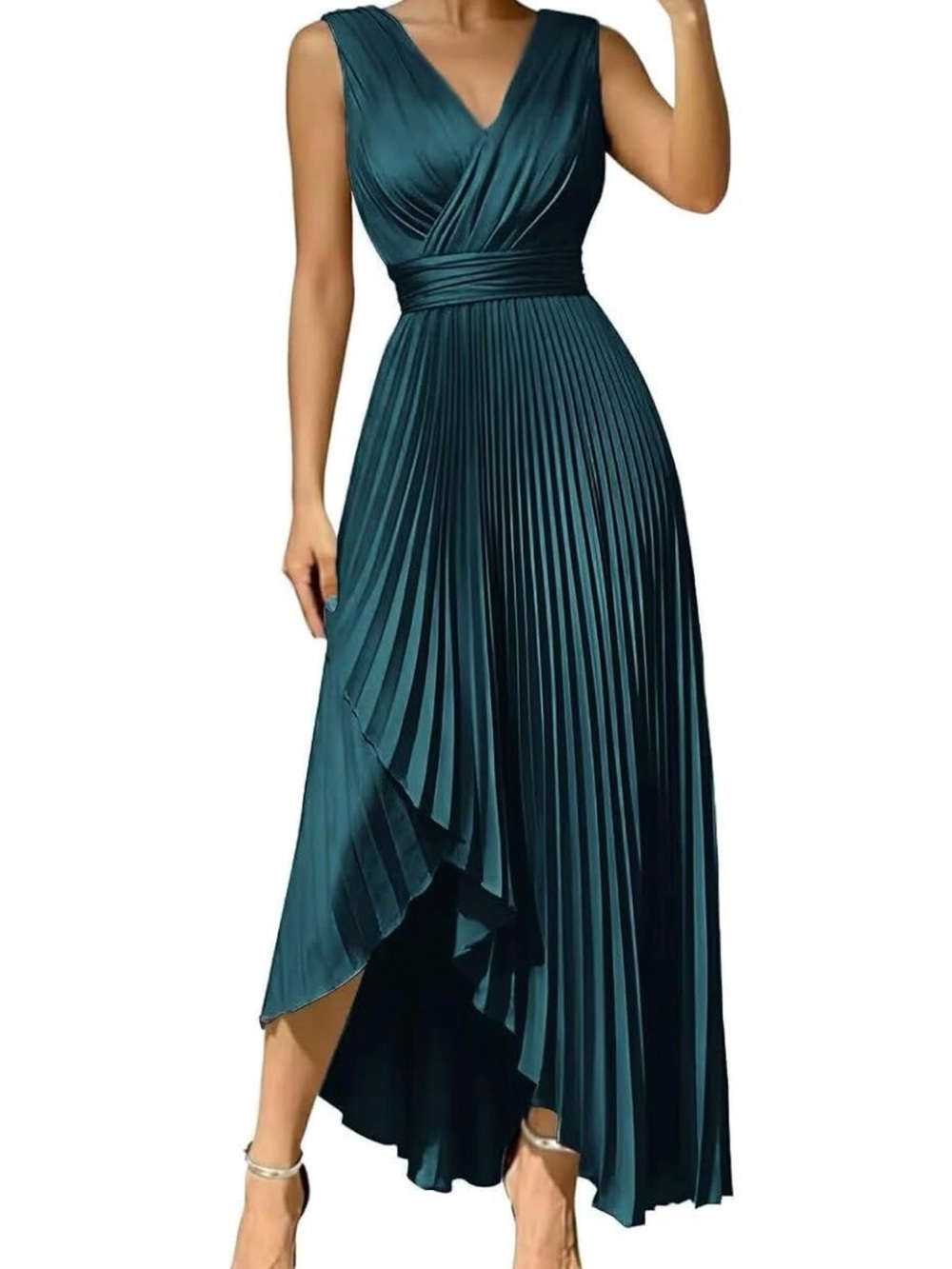 Elegant Teal Pleated V-Neck Evening Dress